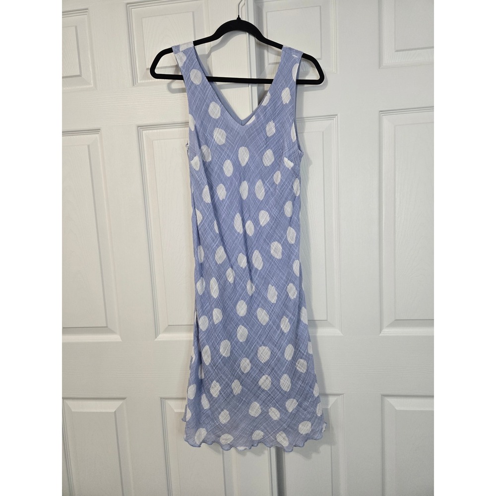 Charlie B Blue White Polka Dot V-Neck Sleeveless Lettuce Edge Midi Dress Size M